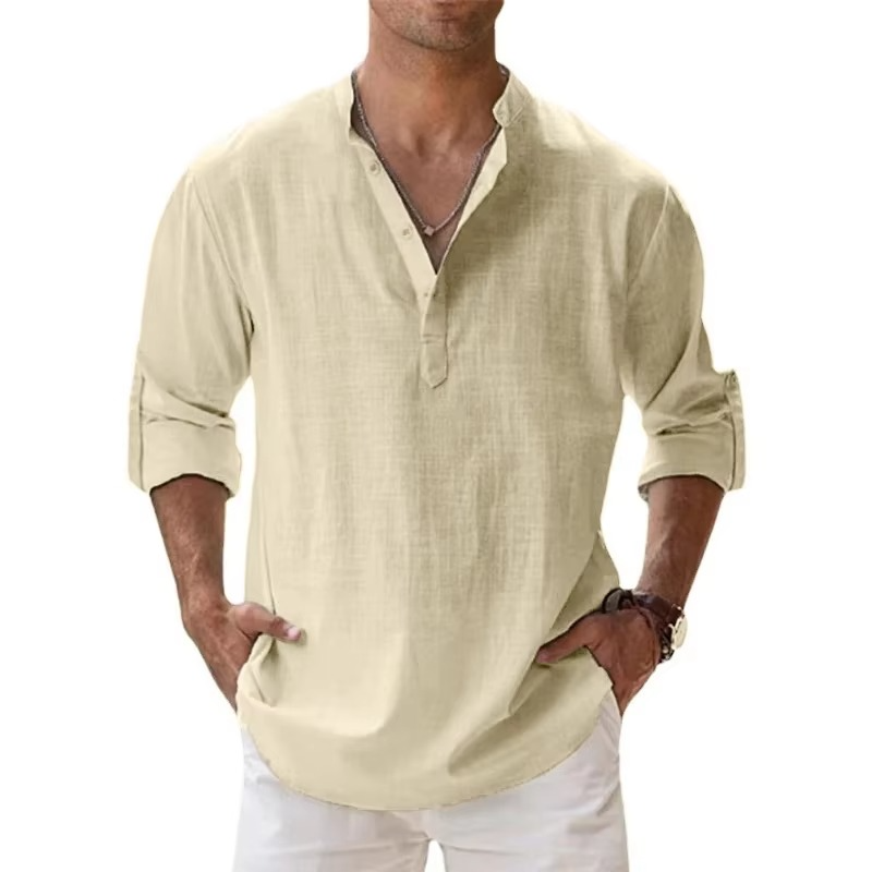 Men's beige cotton-linen Henley shirt, long sleeve casual summer fit with three-button placket