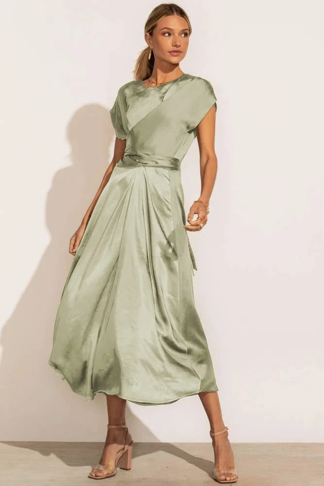 Women's satin-look midi dress in elegant A-line fit with V-neck wrap design for a feminine silhouette
