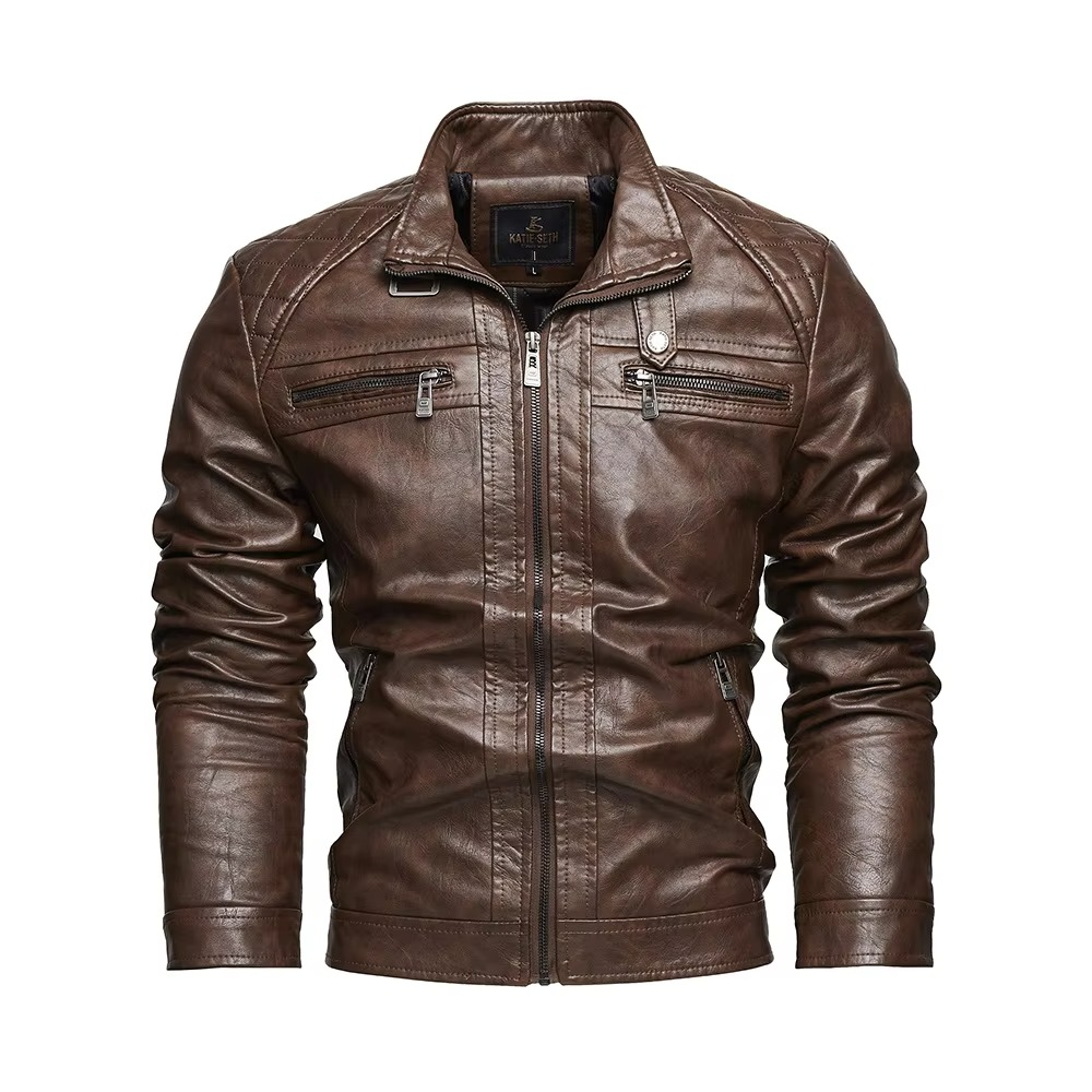 Men's vintage black PU leather moto jacket stand collar biker coat slim fit city rider style