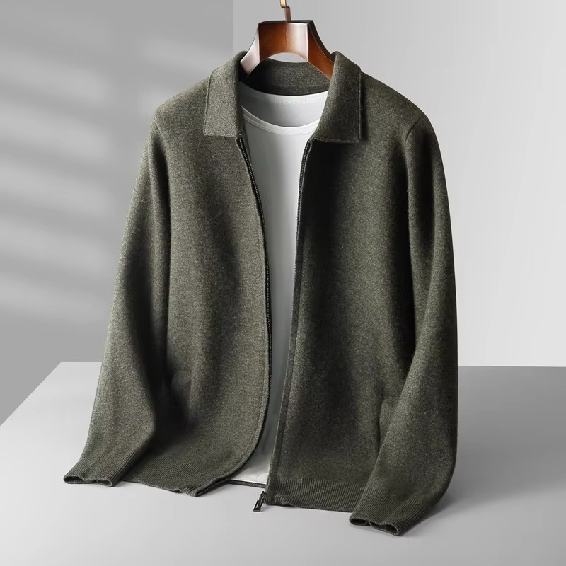 Men's charcoal wool cardigan sweater classic knit lapel tailored fit timeless warmth