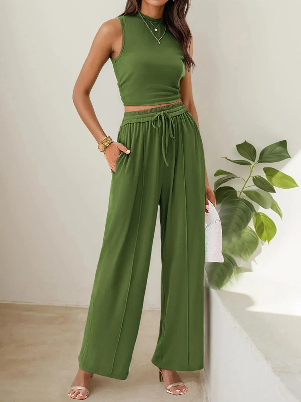Lena sage green sleeveless crop top and relaxed-fit trousers two-piece summer set