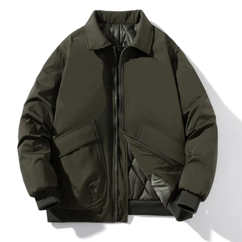 Brooks olive bomber jacket with quilt lining, ribbed cuffs, bulky streetwear fit, and large cargo pockets