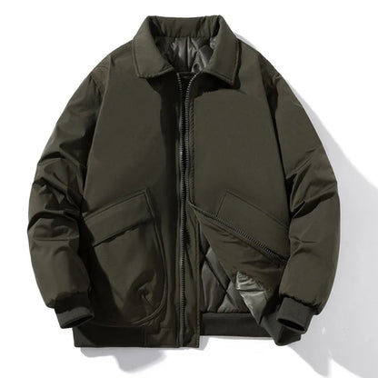 Brooks olive bomber jacket with quilt lining, ribbed cuffs, bulky streetwear fit, and large cargo pockets