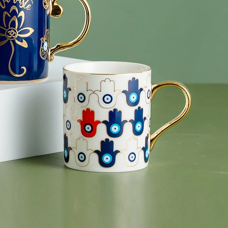 Evil Eye ceramic mug white gold handle Turkish craftsmanship protective talisman design