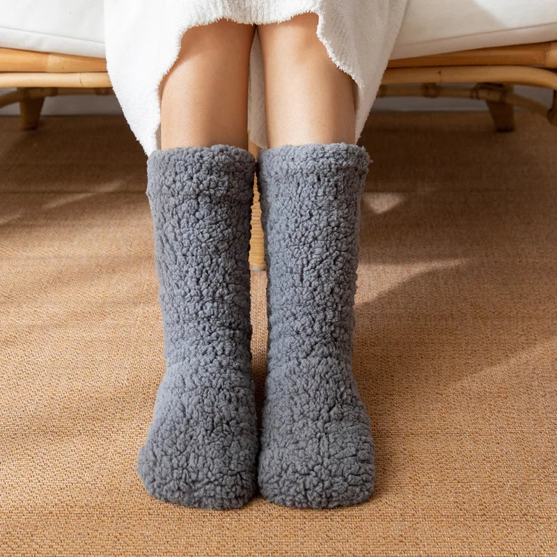 Coraline fuzzy fleece lined mid-calf socks with non-slip bottoms, soft velvety winter loungewear