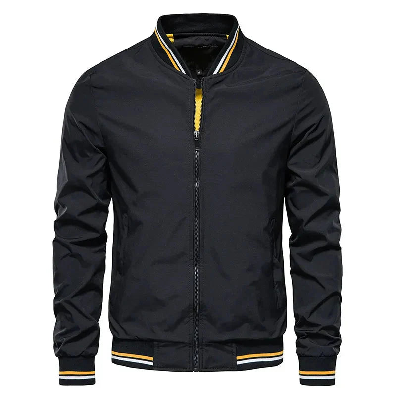 Men's olive green regular fit bomber jacket with ribbed trim and striped accents by Wavlynn