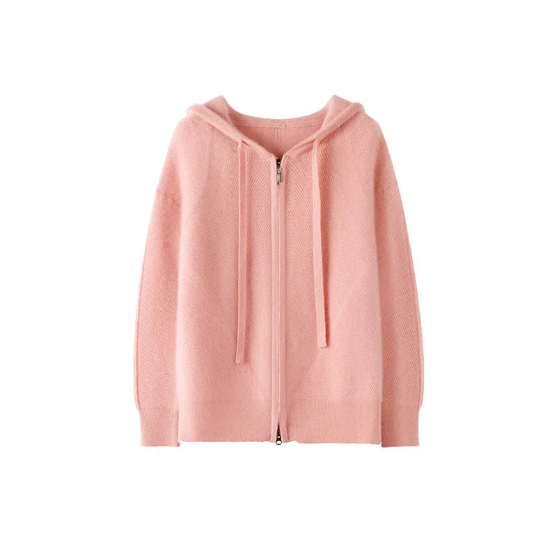 Ivory merino wool hoodie with diamond pattern detailing, casual long-sleeve fit for men
