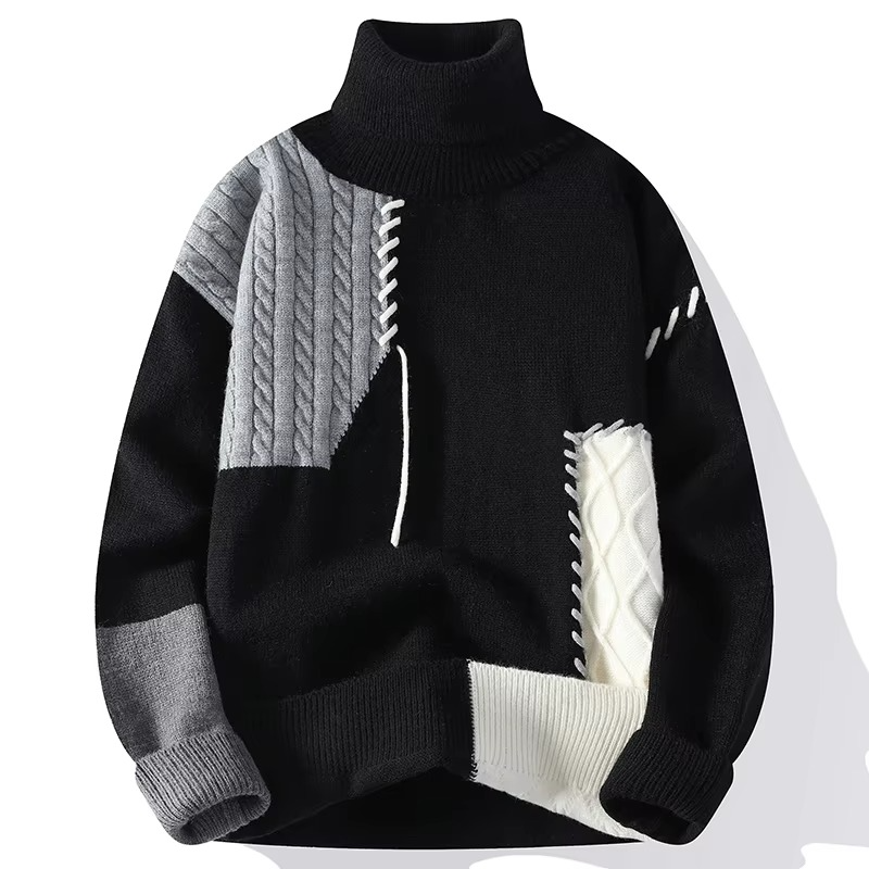 Men's patchwork knit turtleneck sweater casual warm pullover multi-panel textured autumn winter