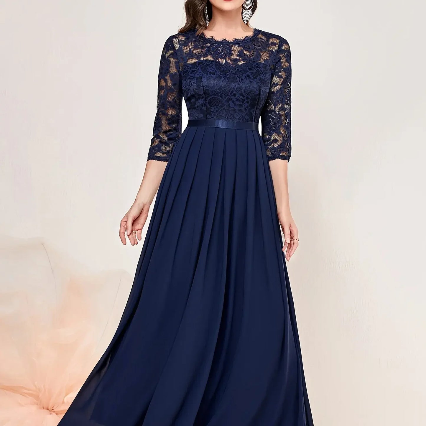 Black lace pleated formal evening dress with quarter sleeves and elegant floral overlay