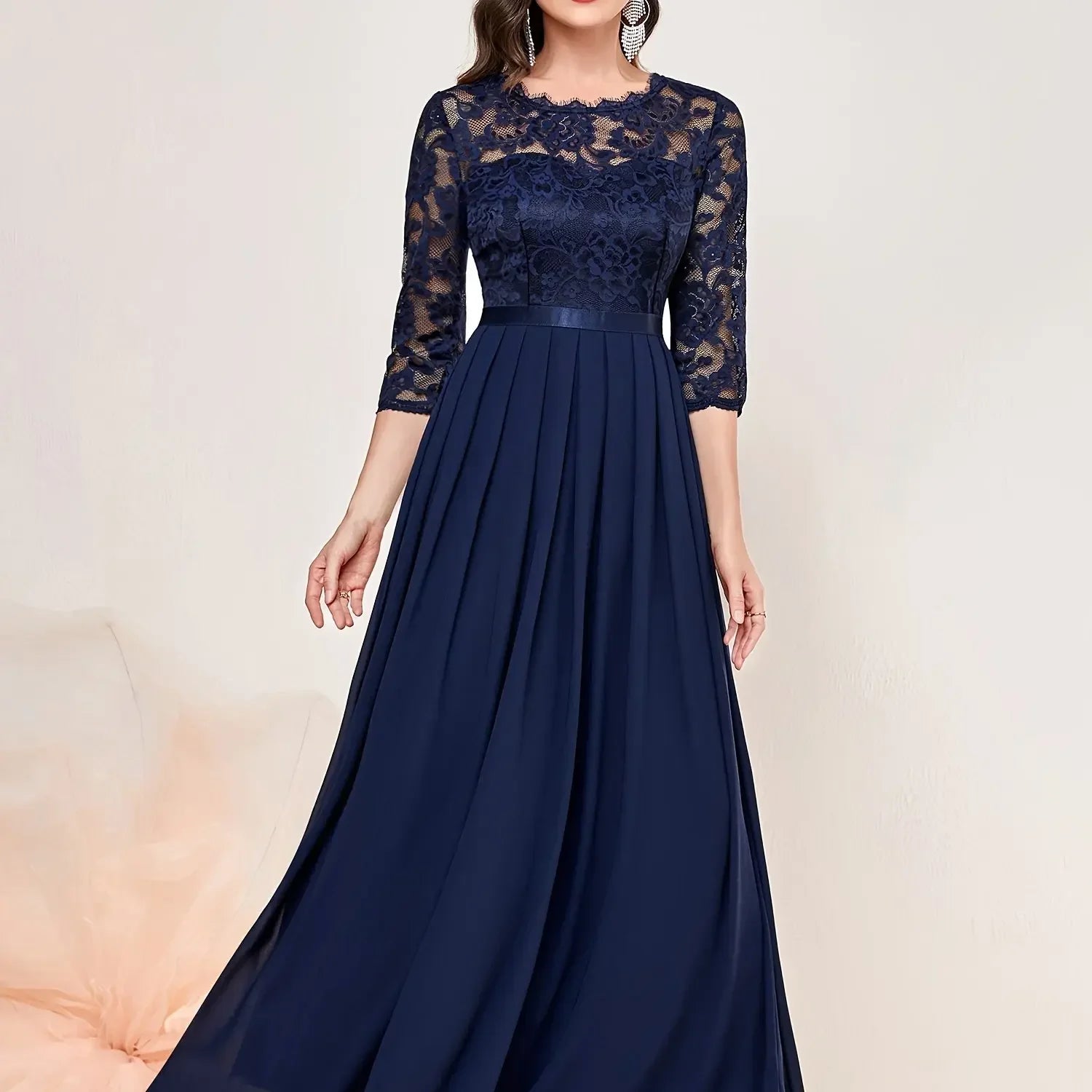 Black lace pleated formal evening dress with quarter sleeves and elegant floral overlay