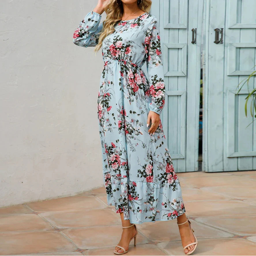 Floral maxi dress elegant flowing silhouette soft tones flattering modest cut for women