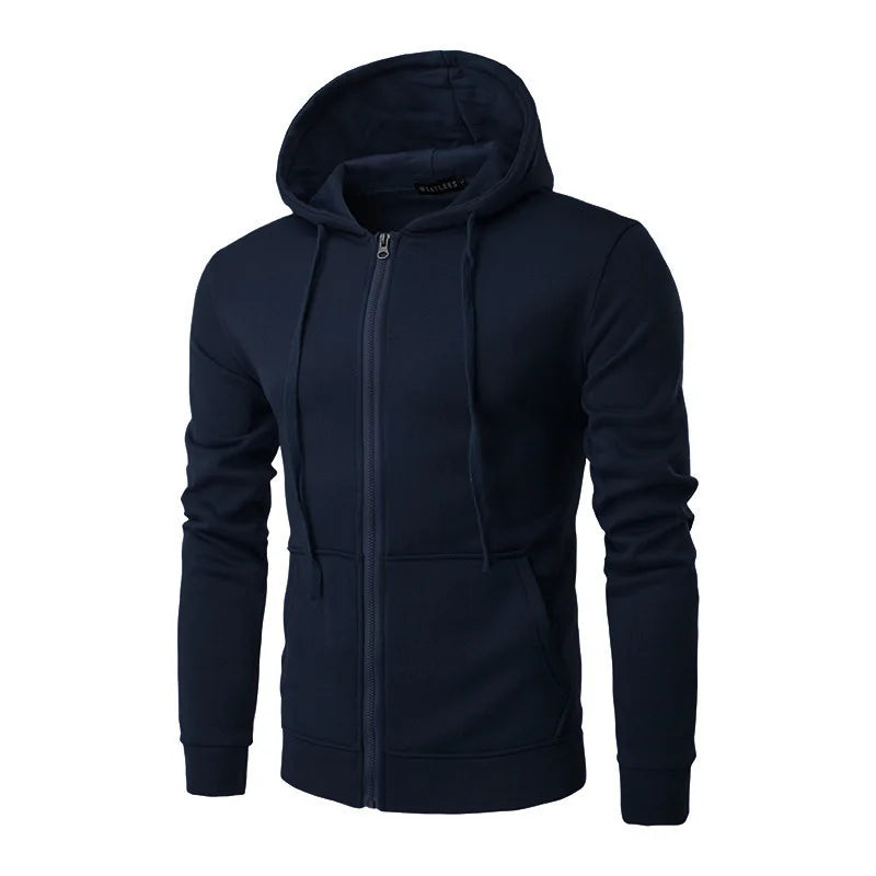 Men's classic zip-up street hoodie in neutral tone with attached drawstring hood for urban style