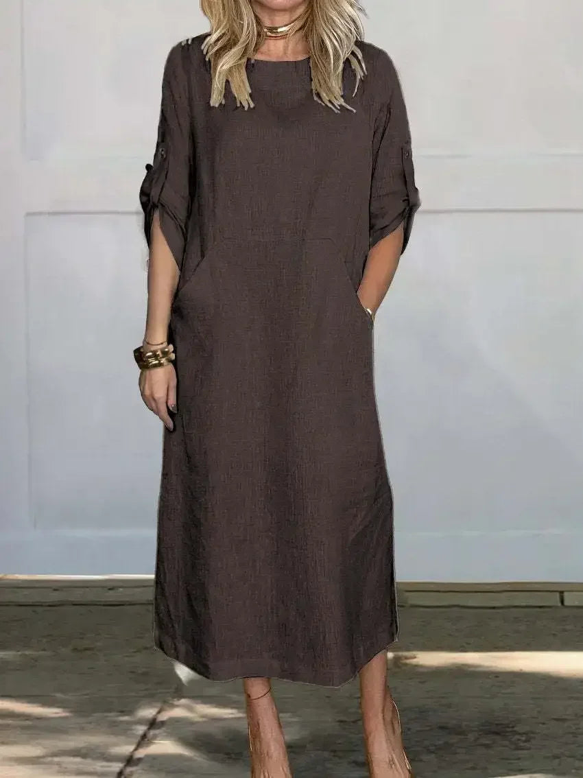 Women's A-line loose fit draped evening dress in soft coastal hues with elegant draping detail