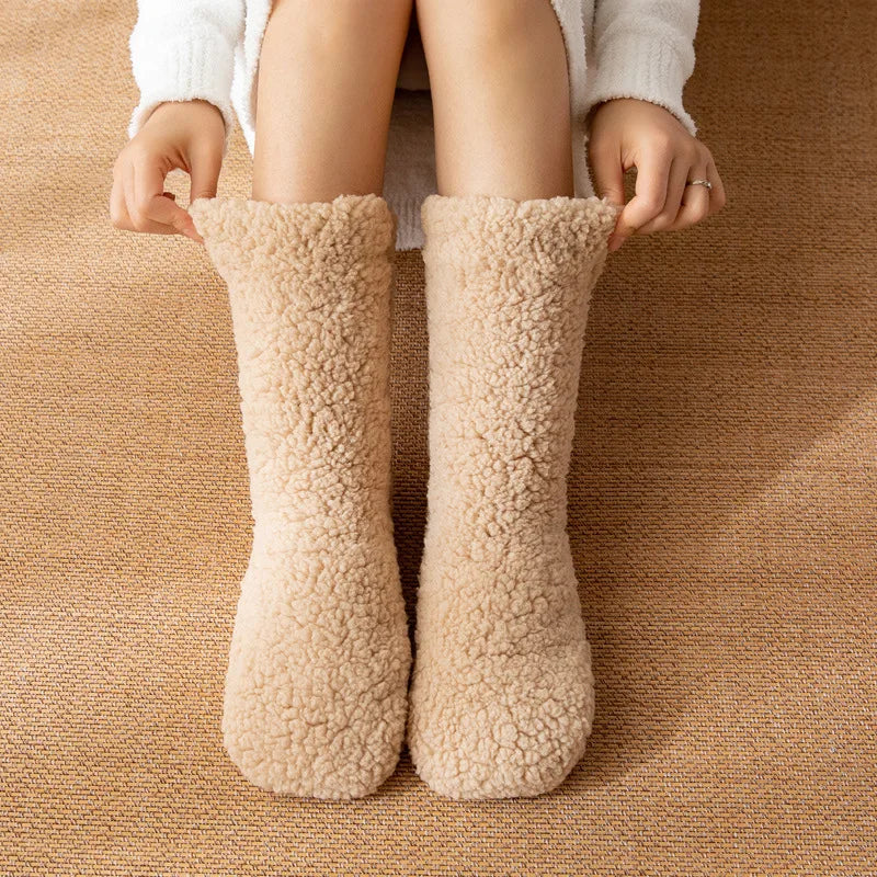 Coraline fuzzy fleece lined mid-calf socks with non-slip bottoms, cozy winter loungewear