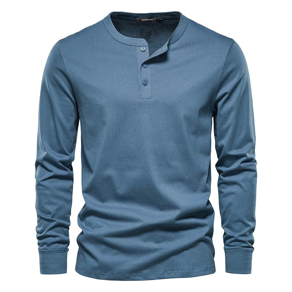 Navy blue men's long sleeve Henley shirt classic casual fit with button-up neckline placket