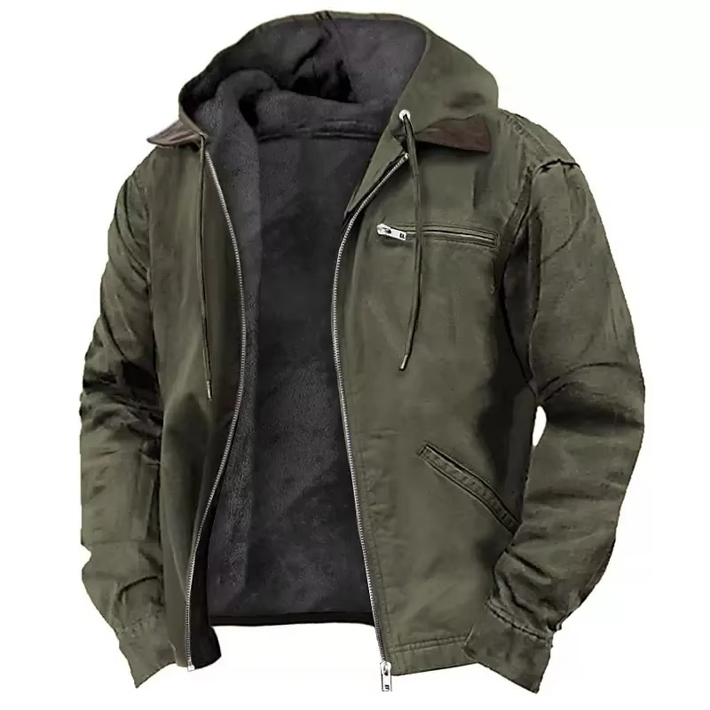 Men's heavyweight dark workwear hooded jacket relaxed fit wind-resistant insulated winter outdoor coat