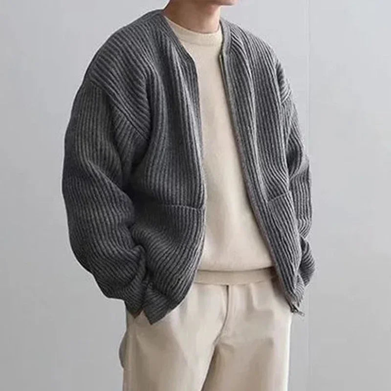 Men's gray breathable knit coat zipper closure slim-fit versatile outerwear with side pockets