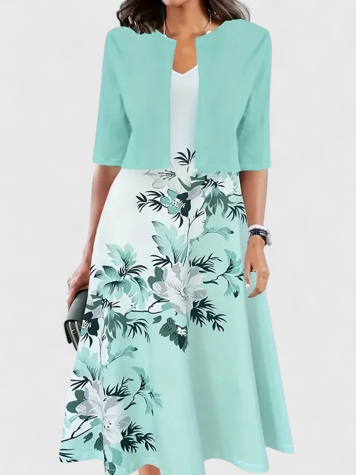 Women's floral midi dress royal blue bodice white A-line skirt 3/4 sleeves occasion wear