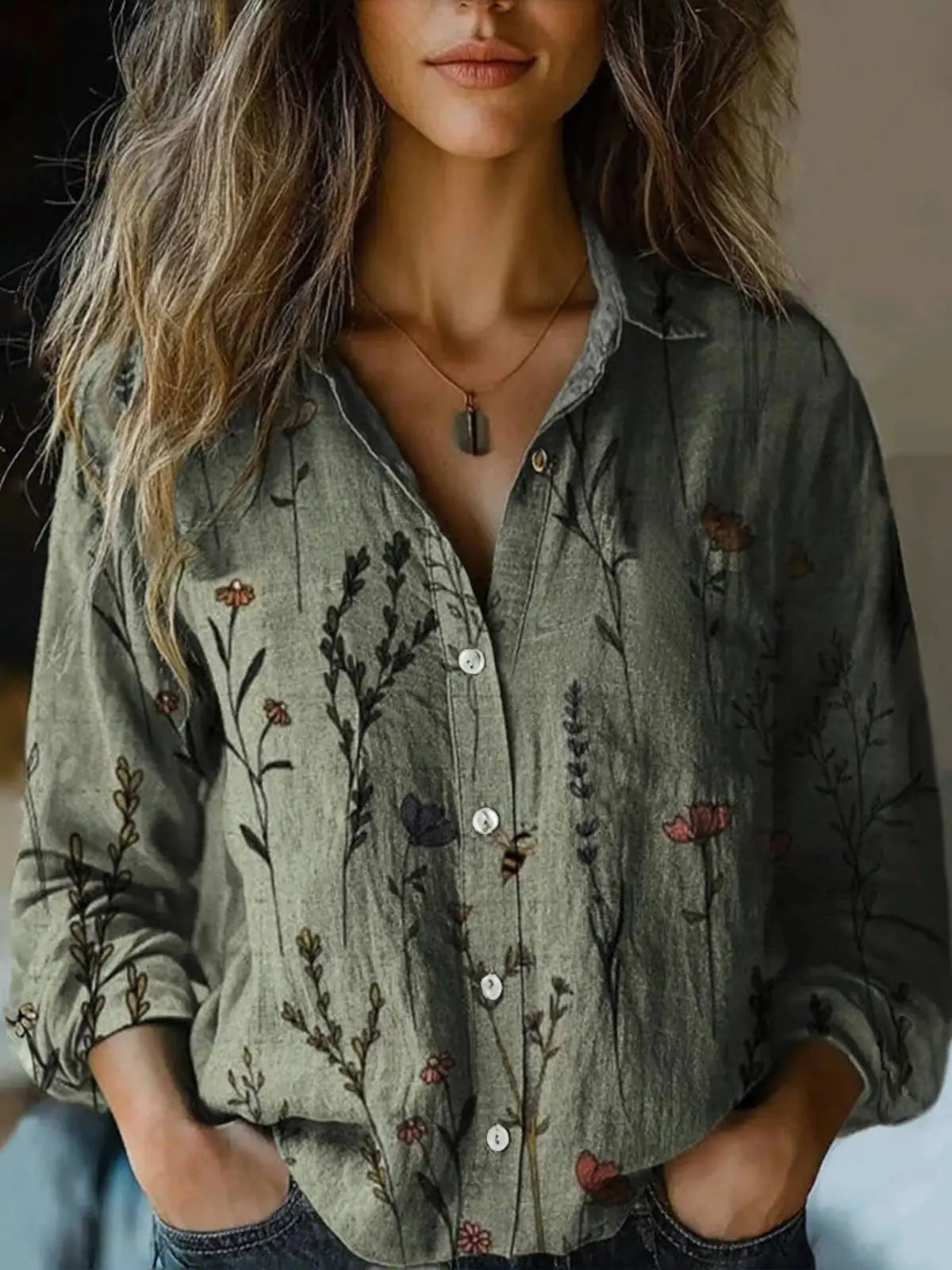 Women's vintage floral long sleeve button-down shirt in terracotta and dusty rose tapestry botanical print
