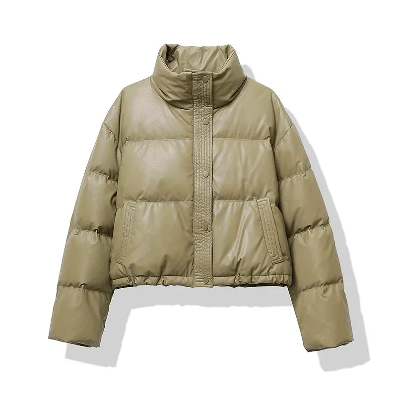 Women's cropped puffer jacket warm insulated lightweight outerwear in casual everyday style