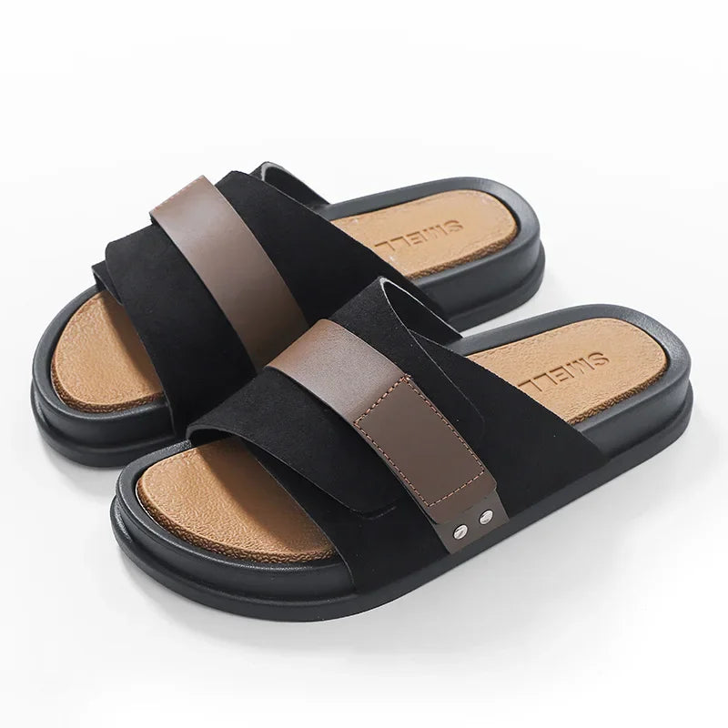 Women's cushioned slides with contoured footbed, slip-on design, and rugged durable sole