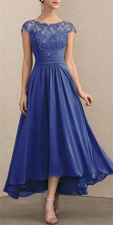 Elegant lace chiffon maxi dress in soft tones with flowing silhouette and delicate lace overlay