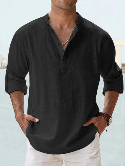 Men's relaxed fit linen shirt mandarin collar long sleeve breathable casual top lightweight