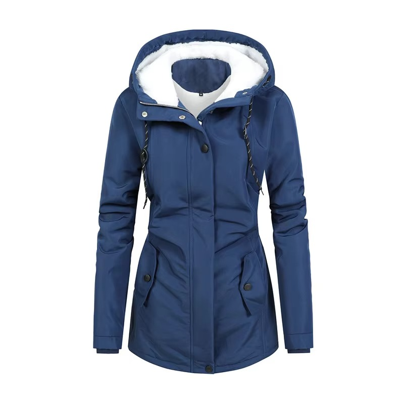 Women's mid-length hooded parka with plush fleece lining, retro style, warm winter outerwear