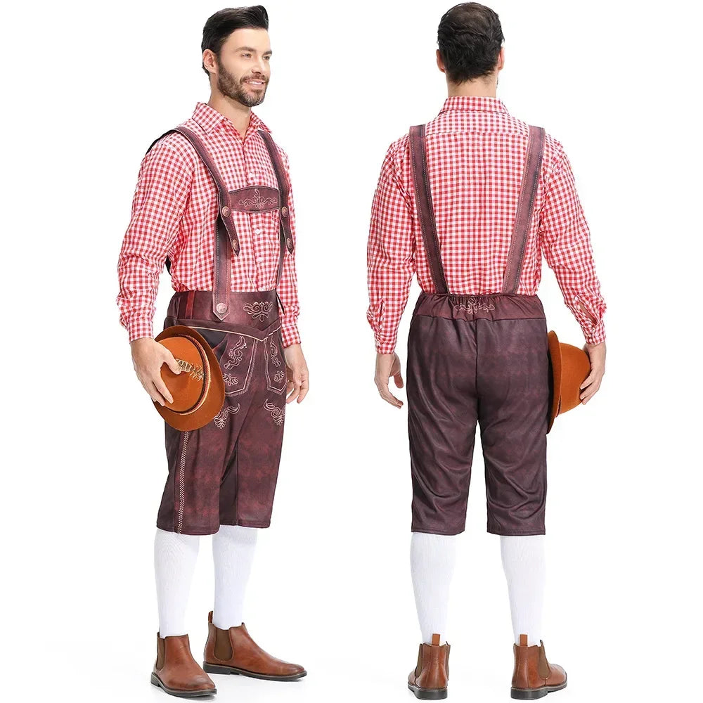 Men's brown knee-length Lederhosen costume tailored fit with embossed detailing and embroidered bib