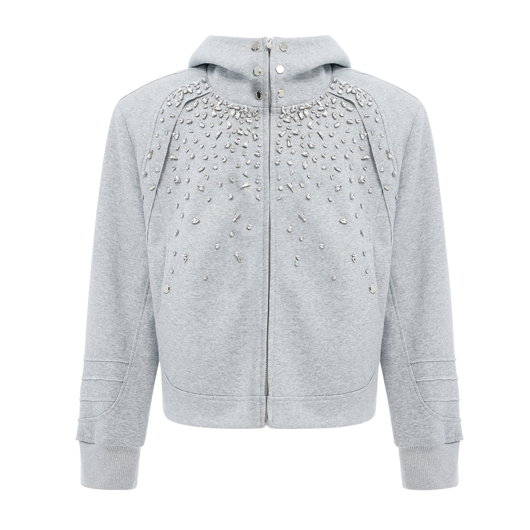 Black relaxed-fit hoodie with rhinestone-studded chest and shoulders, zip closure, premium cotton blend