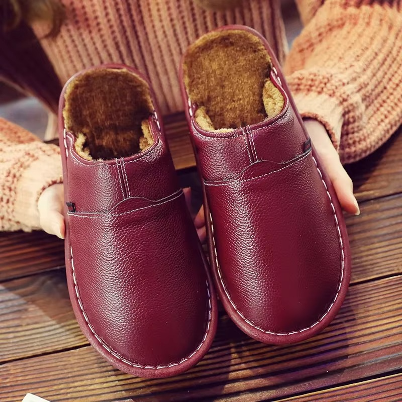 Unisex waterproof leather plush winter slippers cozy warm indoor house shoes with plush lining