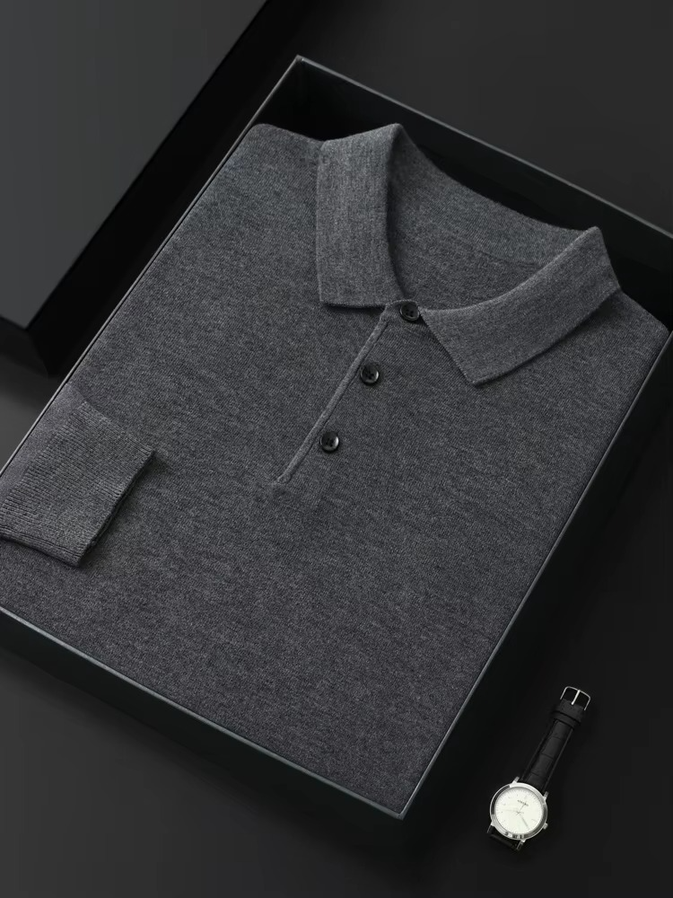 Men's burgundy merino wool polo collar sweater, lightweight breathable cashmere blend knit pullover