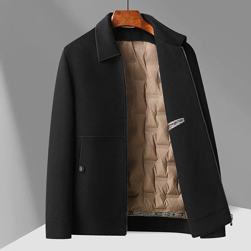 Camel brushed wool jacket unisex tailored fit with removable down liner, clean minimalist silhouette