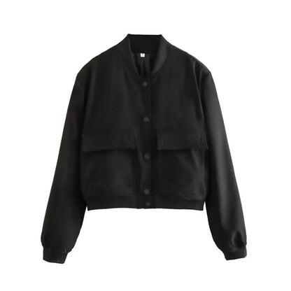 Wavlynn Clara women's casual bomber jacket with front pockets, minimalist structured silhouette for everyday chic