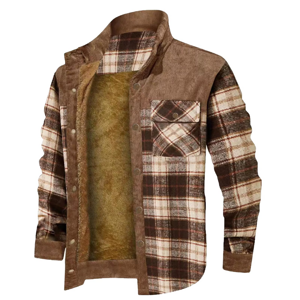 Men's navy flannel hooded shirt jacket with wool lining, relaxed fit, front button closure
