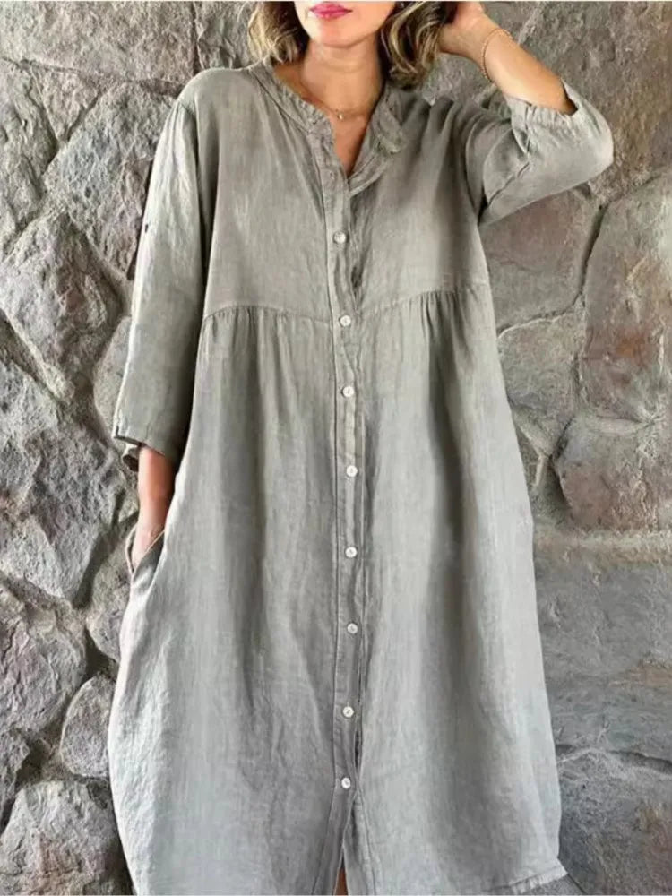 Alba linen midi shirt dress long sleeve button-down relaxed fit with full-length placket
