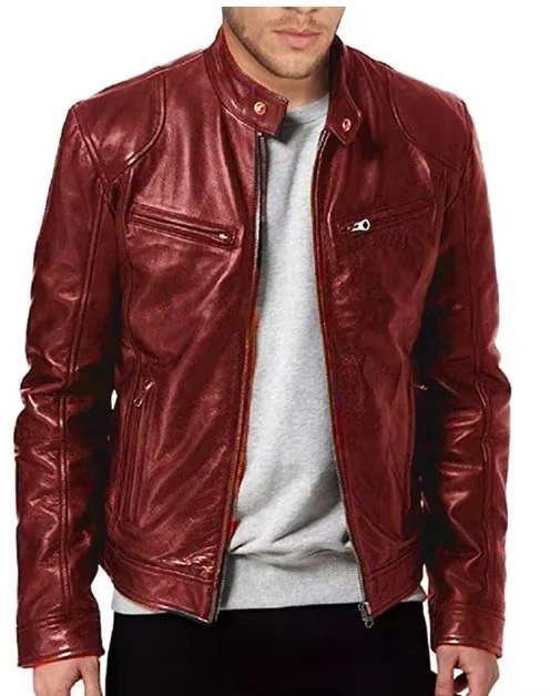 Men slim fit black PU leather motorcycle jacket with stand collar snap closure wind resistant
