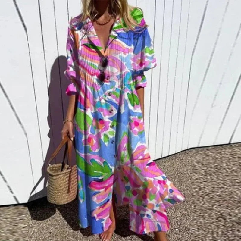 Floral bohemian midi dress in soft earth tones, flowy silhouette with flattering wrap-style design