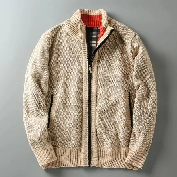 Millstone textured knit sweater in earthy tones with full front zip and fleece-lined warmth