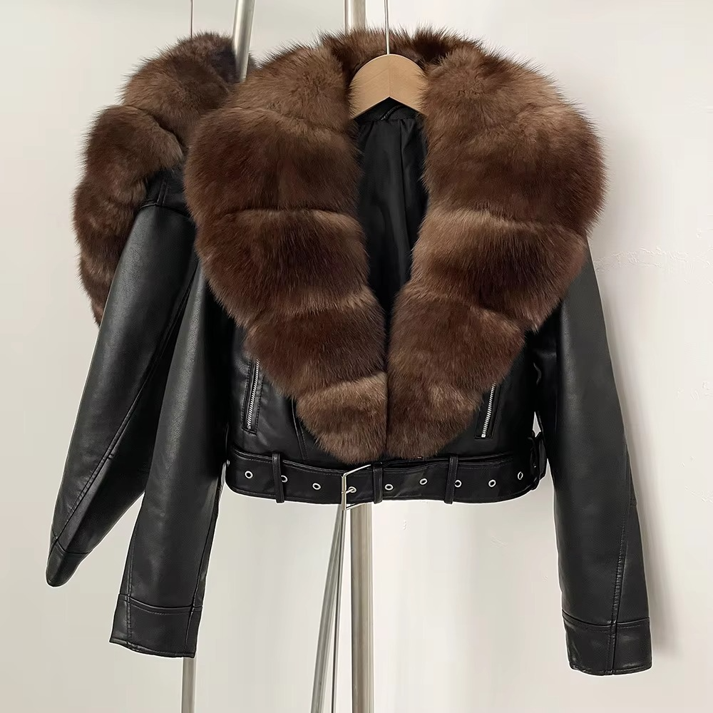 Women's black faux leather coat with faux fur collar, elegant slim-fit winter style