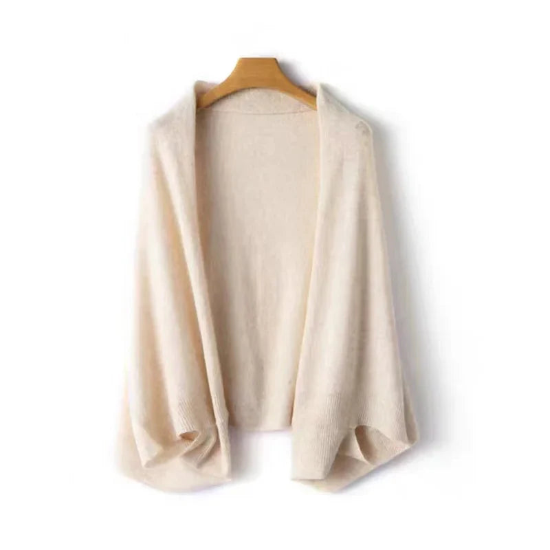 Beige cashmere blend 2-in-1 shawl with draped silhouette, wearable as cape or scarf