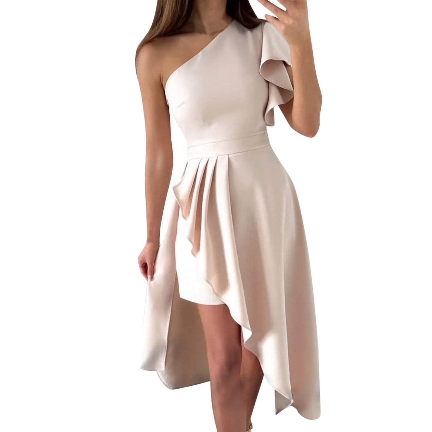Women's asymmetric one-shoulder dress in elegant cut, flowing drape, ideal for formal parties