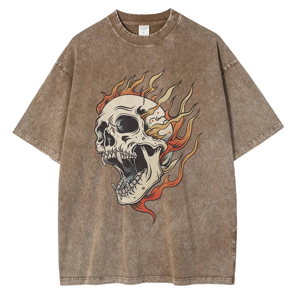 Oversized heavyweight acid wash skull flame graphic cotton tee in bone white distressed vintage style