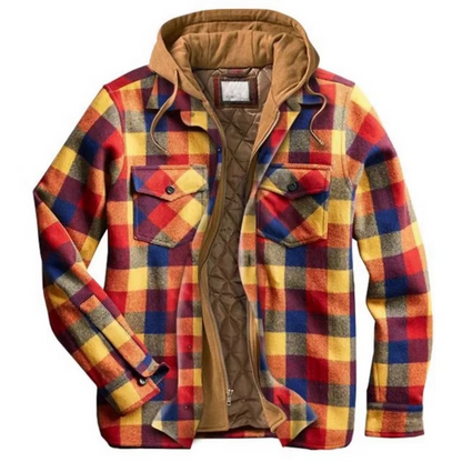 Men's patchwork checkered cotton hooded jacket multi-color casual fit with drawstring hood