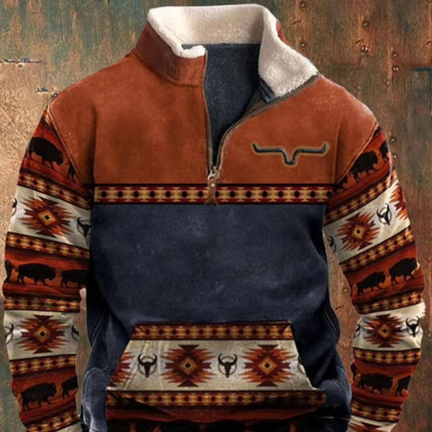 Men's retro 3D printed hooded jacket with leather collar, bold street-style cold weather outerwear