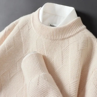 Men's beige diamond knit sweater soft-touch fabric casual layering essential with classic texture