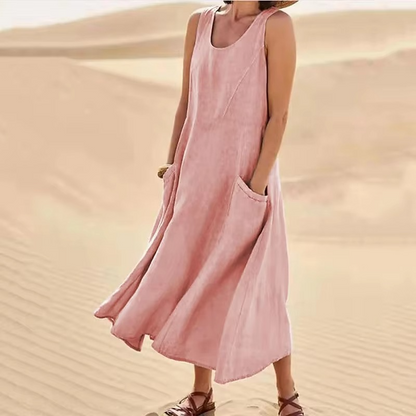 Women's beige cotton linen sleeveless maxi sundress, loose fit with side pockets, breezy beach style