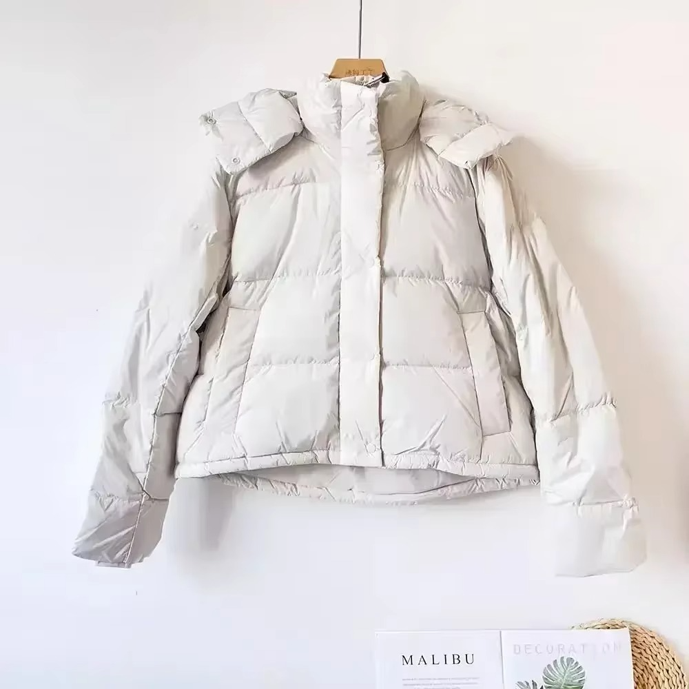 Women's black puffer down jacket detachable hood thickened insulation city chic winter coat