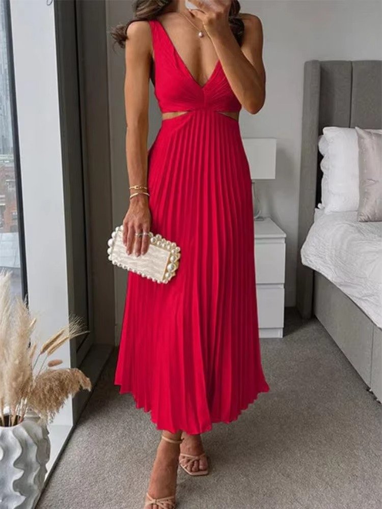Elegant sleeveless maxi dress deep V neck pleated high waist summer style lightweight breathable fabric