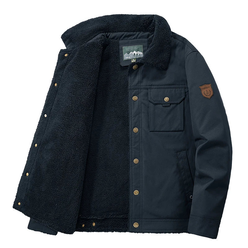 Ranger collar jacket with sherpa lining, snap closure, structured fit, and utility pockets for cooler days